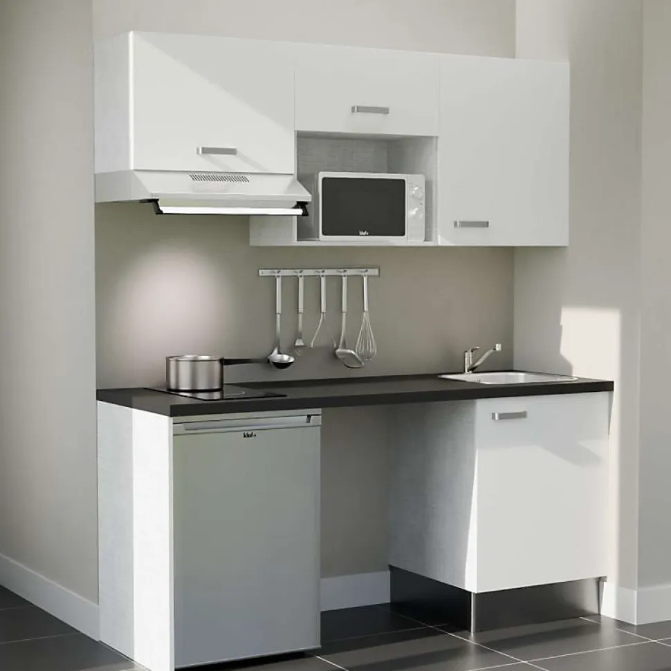 Kitchenette K55 façades Blanc - Plan de travail Noir texturé - Crédences : Non - Evier inox - Electroménager Inox inclus