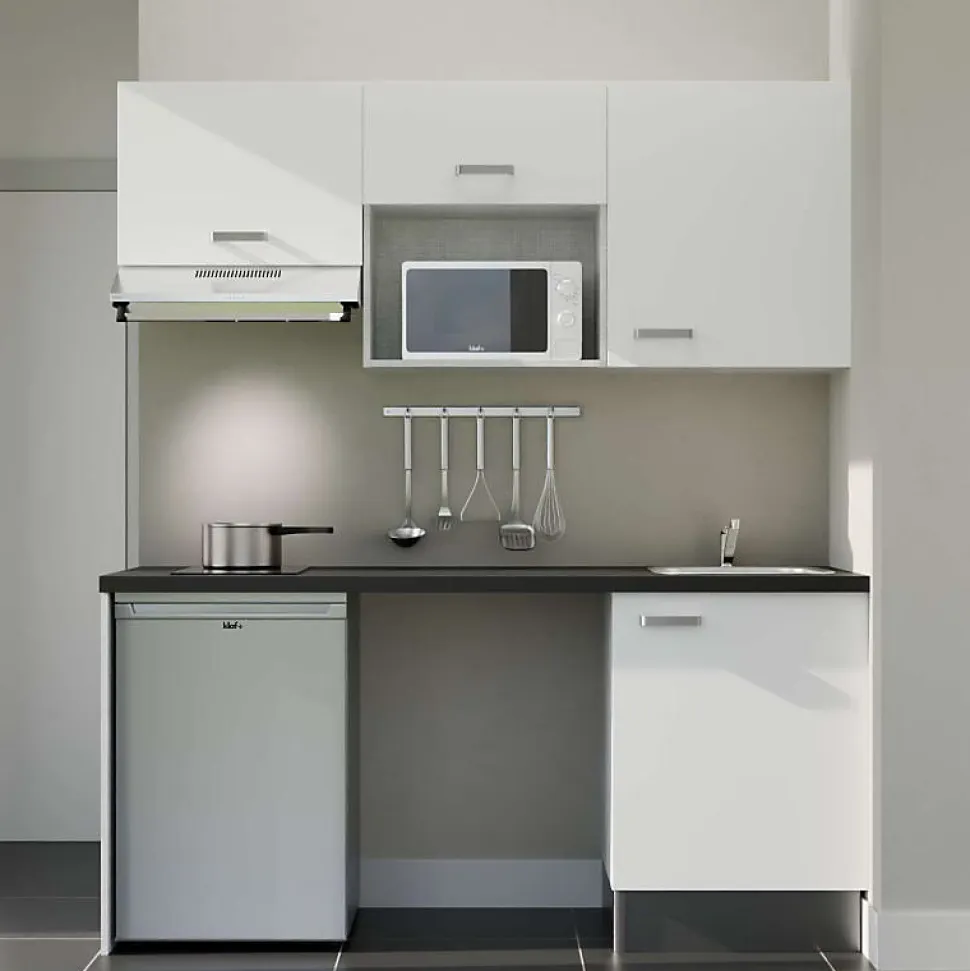 Kitchenette K55 façades Blanc - Plan de travail Noir texturé - Crédences : Non - Evier inox - Electroménager Inox inclus