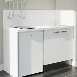 Kitchenette K17 façades Blanc - Plan de travail Blanc - Crédences : Oui - Evier inox - Electroménager Blanc inclus