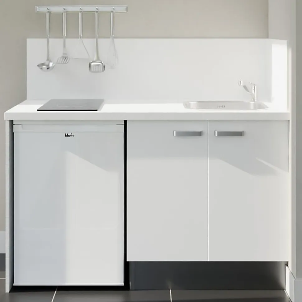 Kitchenette K17 façades Blanc - Plan de travail Blanc - Crédences : Oui - Evier inox - Electroménager Blanc inclus
