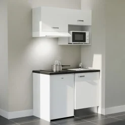 Kitchenette K02 façades Blanc - Plan de travail Noir texturé - Crédences : Non - Evier inox - Electroménager Blanc inclus