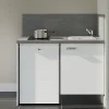 Kitchenette K08 façades Blanc - Plan de travail Gris béton - Crédences : Oui - Evier inox - Electroménager Blanc inclus