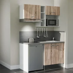 Kitchenette K13 façades Bois - Plan de travail Gris béton - Crédences : Oui - Evier inox - Electroménager Inox inclus