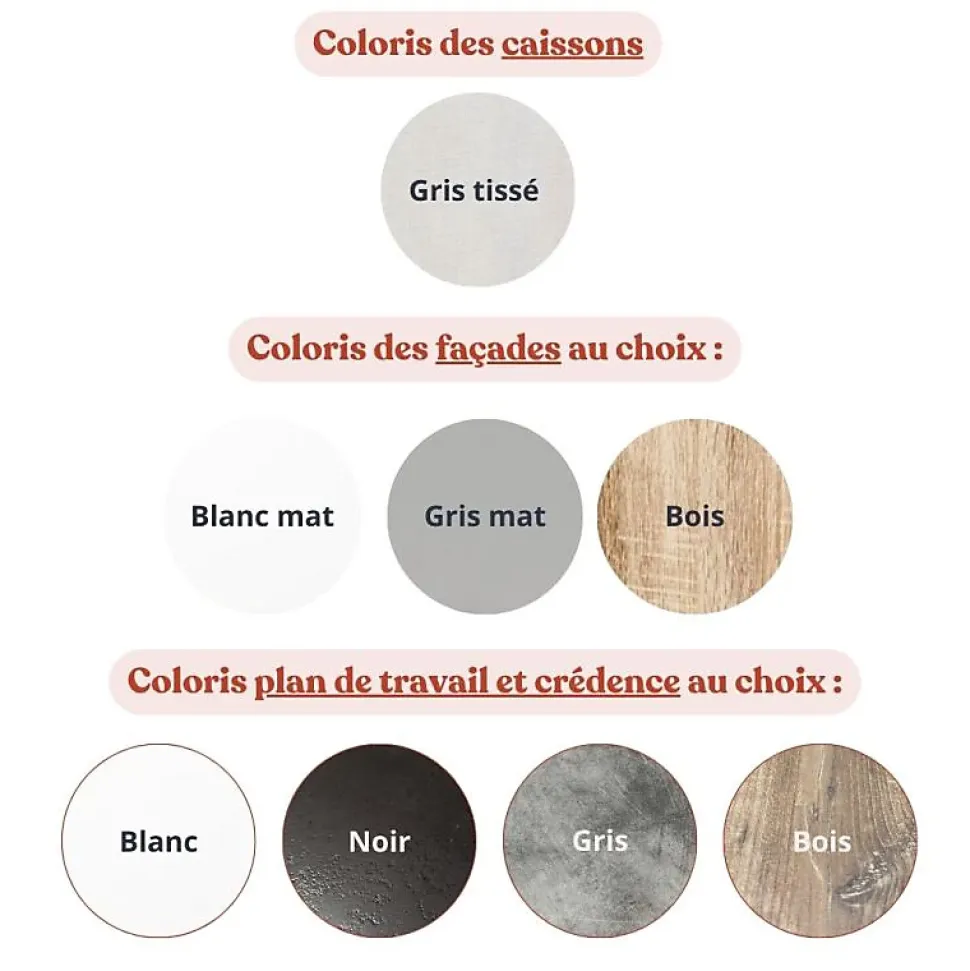 Kitchenette K55 façades Bois - Plan de travail Noir texturé - Crédences : Oui - Evier inox - Electroménager Inox inclus