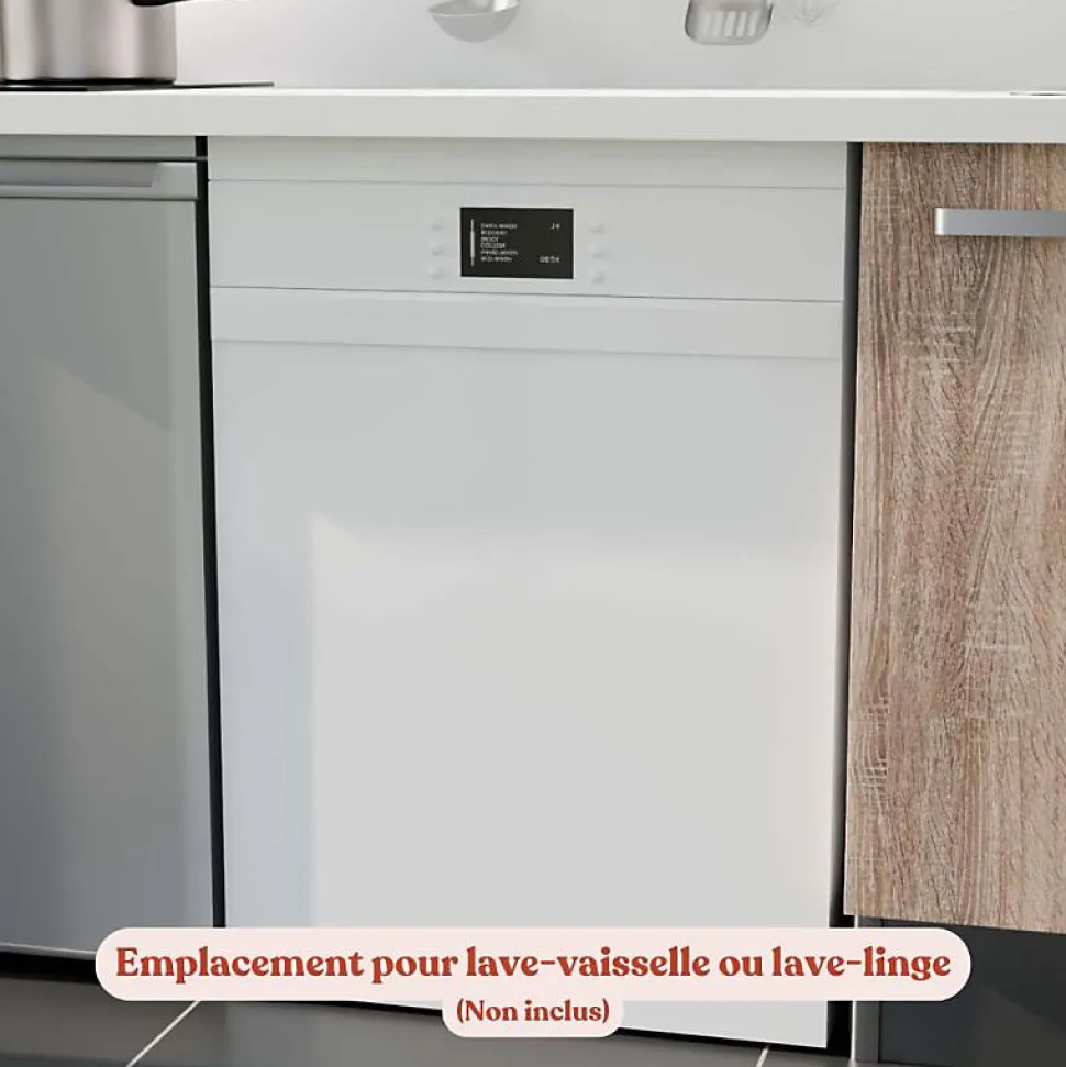 Kitchenette K55 façades Bois - Plan de travail Noir texturé - Crédences : Oui - Evier inox - Electroménager Inox inclus