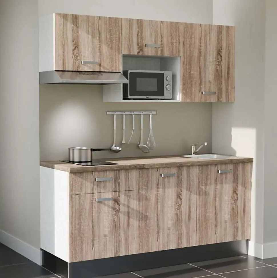 Kitchenette K30 façades Bois - Plan de travail Bois - Crédences : Non - Evier inox - Electroménager Inox inclus