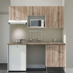 Kitchenette K55 façades Bois - Plan de travail Bois - Crédences : Non - Evier inox - Electroménager Blanc inclus