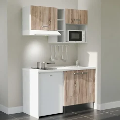 Kitchenette K13 façades Bois - Plan de travail Blanc - Crédences : Non - Evier inox - Electroménager Blanc inclus