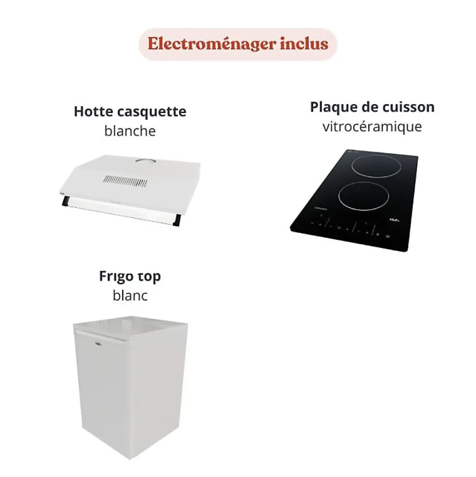 Kitchenette K01 façades Bois - Plan de travail Blanc - Crédences : Oui - Evier inox - Electroménager Blanc inclus