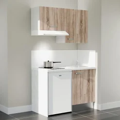 Kitchenette K01 façades Bois - Plan de travail Blanc - Crédences : Oui - Evier inox - Electroménager Blanc inclus