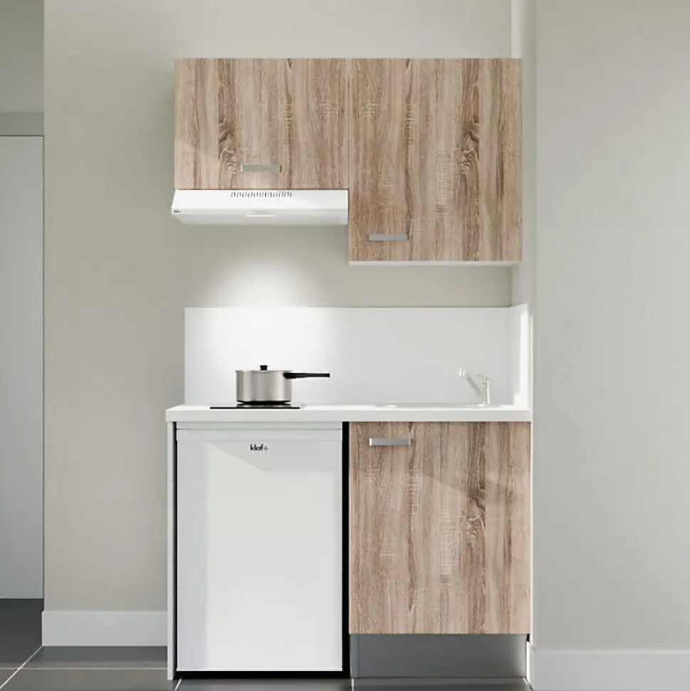 Kitchenette K01 façades Bois - Plan de travail Blanc - Crédences : Oui - Evier inox - Electroménager Blanc inclus