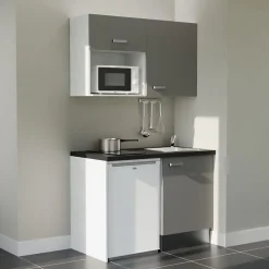 Kitchenette K07 façades Gris - Plan de travail Noir texturé - Crédences : Non - Evier inox - Electroménager Blanc inclus