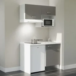 Kitchenette K02 façades Gris - Plan de travail Blanc - Crédences : Non - Evier inox - Electroménager Blanc inclus