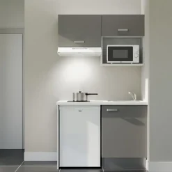 Kitchenette K02 façades Gris - Plan de travail Blanc - Crédences : Non - Evier inox - Electroménager Blanc inclus