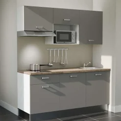 Kitchenette K30 façades Gris - Plan de travail Bois - Crédences : Non - Evier inox - Electroménager Inox inclus