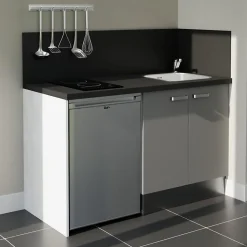 Kitchenette K17 façades Gris - Plan de travail Noir texturé - Crédences : Oui - Evier inox - Electroménager Inox inclus