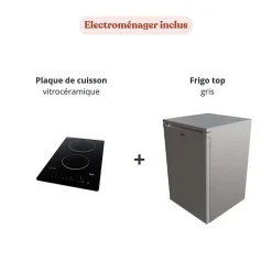 Kitchenette K17 façades Gris - Plan de travail Noir texturé - Crédences : Oui - Evier inox - Electroménager Inox inclus