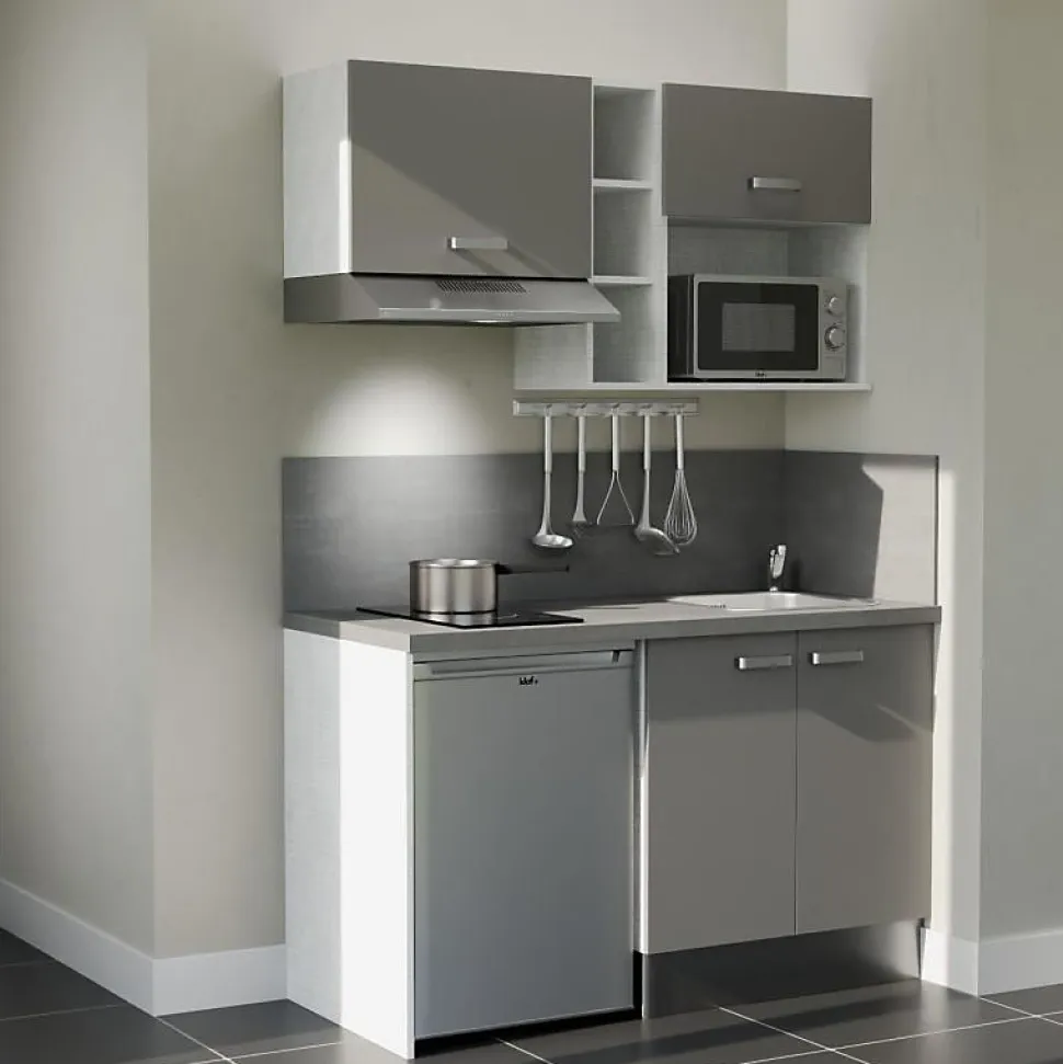 Kitchenette K13 façades Gris - Plan de travail Gris béton - Crédences : Oui - Evier inox - Electroménager Inox inclus