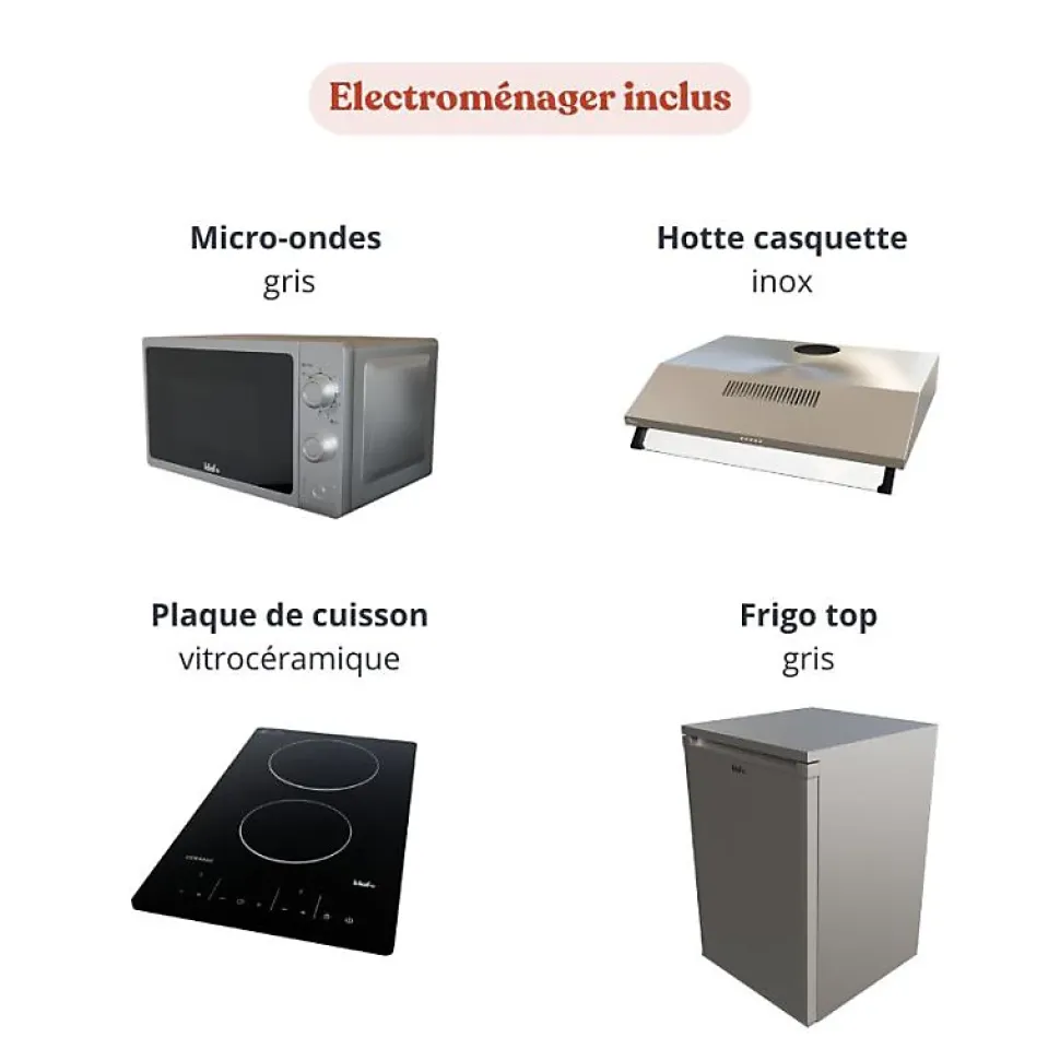 Kitchenette K13 façades Noir - Plan de travail Gris béton - Crédences : Oui - Evier inox - Electroménager Inox inclus