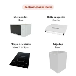 Kitchenette K20 façades Noir - Plan de travail Gris béton - Crédences : Oui - Evier inox - Electroménager Blanc inclus