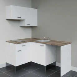 Kitchenette KA02 - 128 cm - Façades : Blanc - Plan de travail : Bois - Crédences : Non - Evier