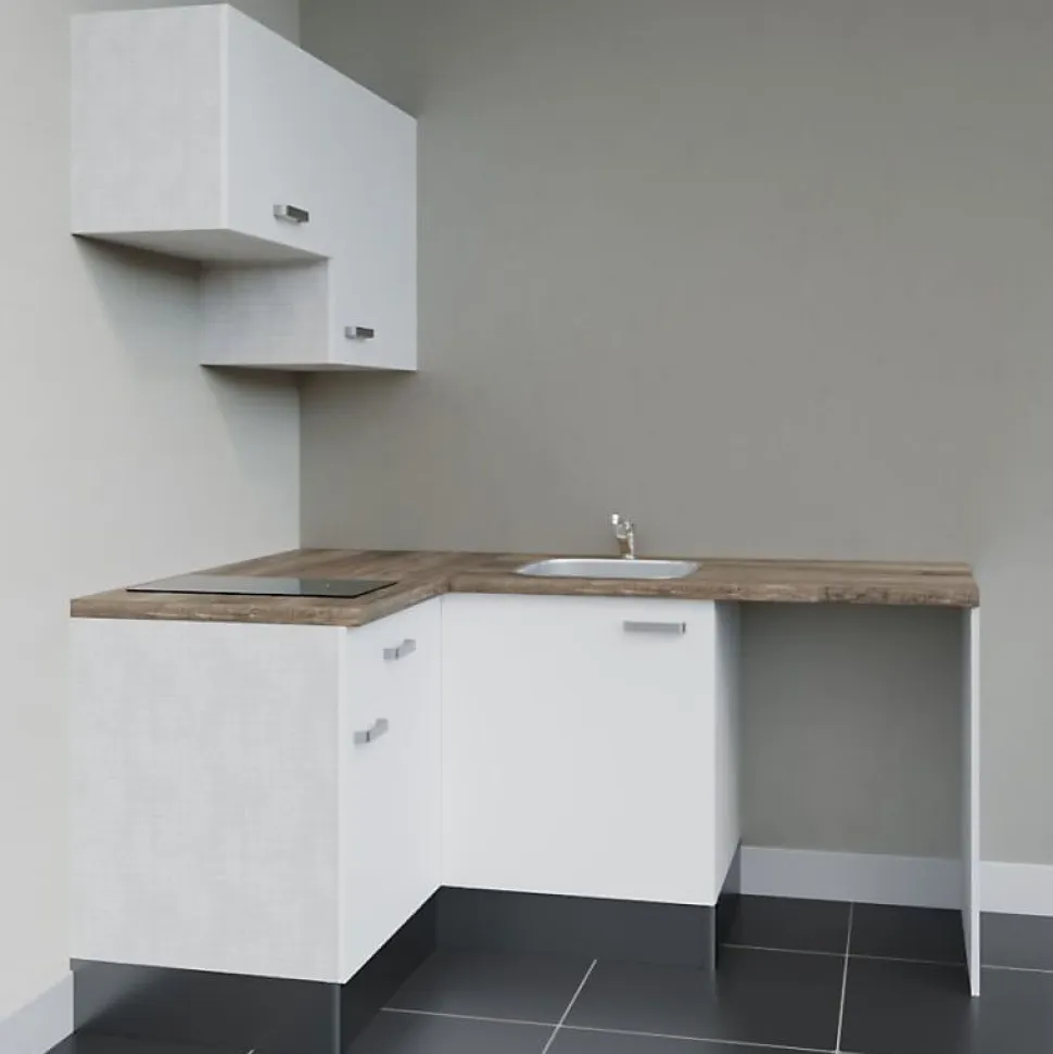 Kitchenette KA02 - 128 cm - Façades : Blanc - Plan de travail : Bois - Crédences : Non - Evier