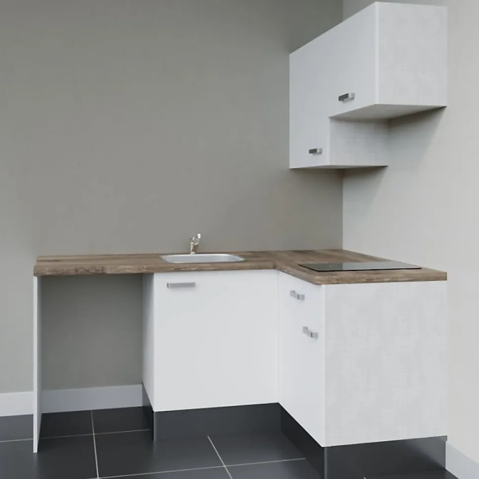 Kitchenette KA02 - 128 cm - Façades : Blanc - Plan de travail : Bois - Crédences : Non - Evier