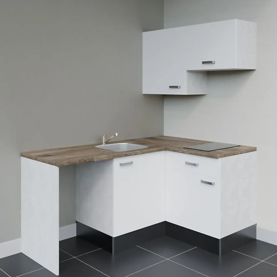 Kitchenette KA02 - 128 cm - Façades : Blanc - Plan de travail : Bois - Crédences : Non - Evier