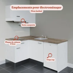 Kitchenette KA02 - 128 cm - Façades : Blanc - Plan de travail : Bois - Crédences : Non - Evier