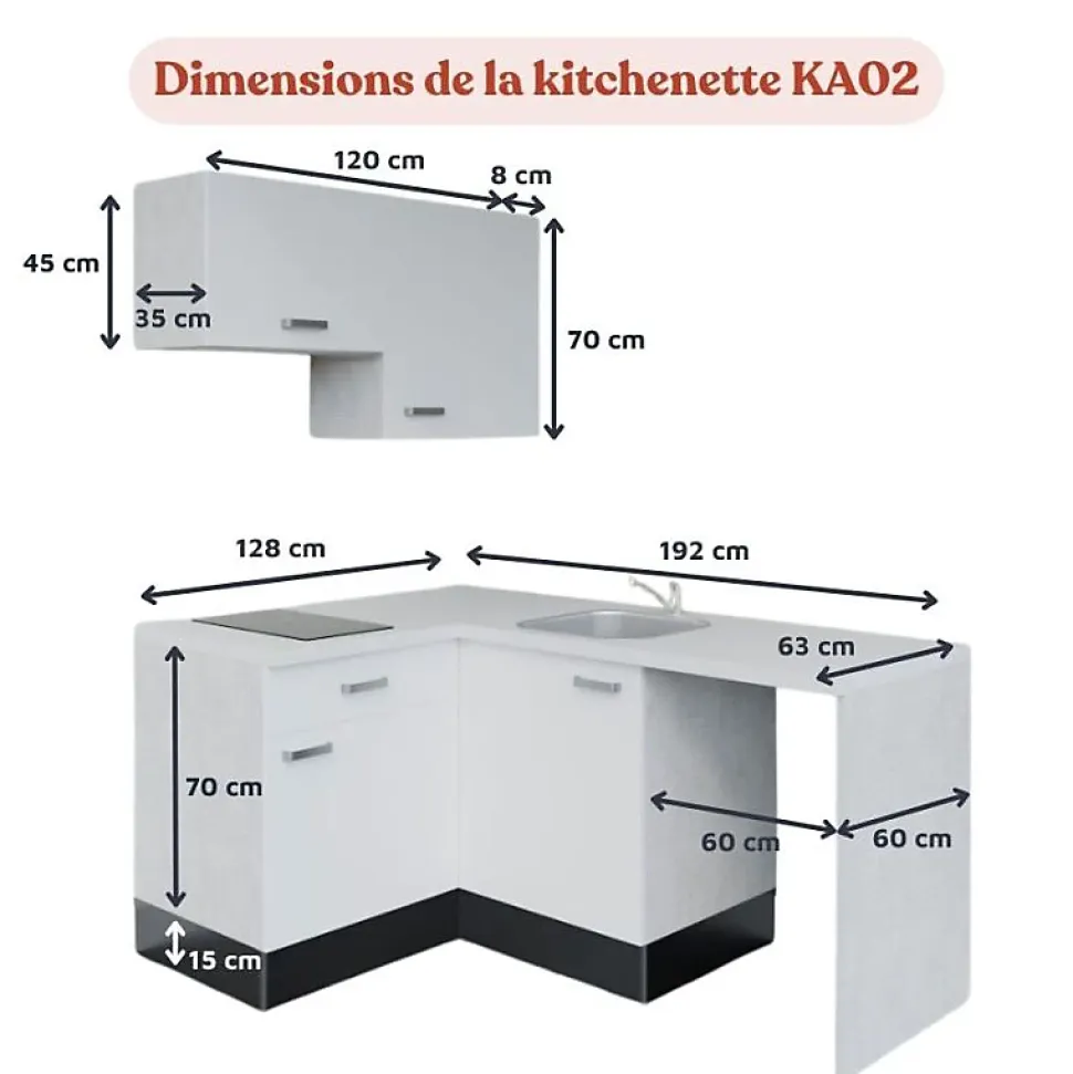 Kitchenette KA02 - 128 cm - Façades : Blanc - Plan de travail : Bois - Crédences : Non - Evier