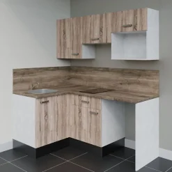 Kitchenette KA03 - 128 cm - Façades : Bois - Plan de travail : Bois - Crédences : Oui - Evier
