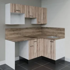 Kitchenette KA03 - 128 cm - Façades : Bois - Plan de travail : Bois - Crédences : Oui - Evier