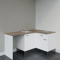 Kitchenette KA01 - 128 cm - Façades : Blanc - Plan de travail : Bois - Crédences : Non - Evier
