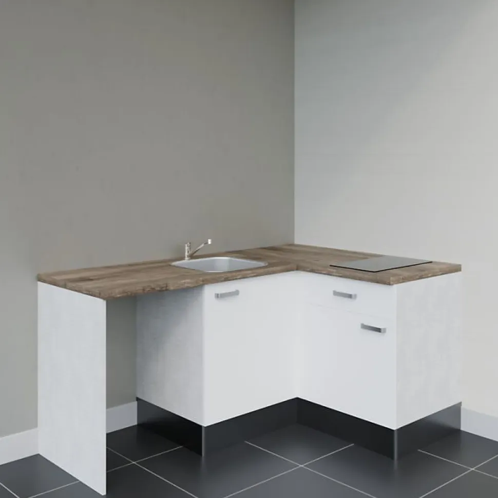 Kitchenette KA01 - 128 cm - Façades : Blanc - Plan de travail : Bois - Crédences : Non - Evier