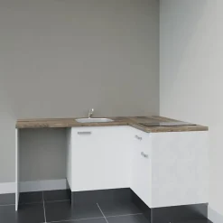 Kitchenette KA01 - 128 cm - Façades : Blanc - Plan de travail : Bois - Crédences : Non - Evier