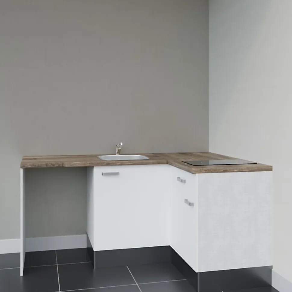 Kitchenette KA01 - 128 cm - Façades : Blanc - Plan de travail : Bois - Crédences : Non - Evier