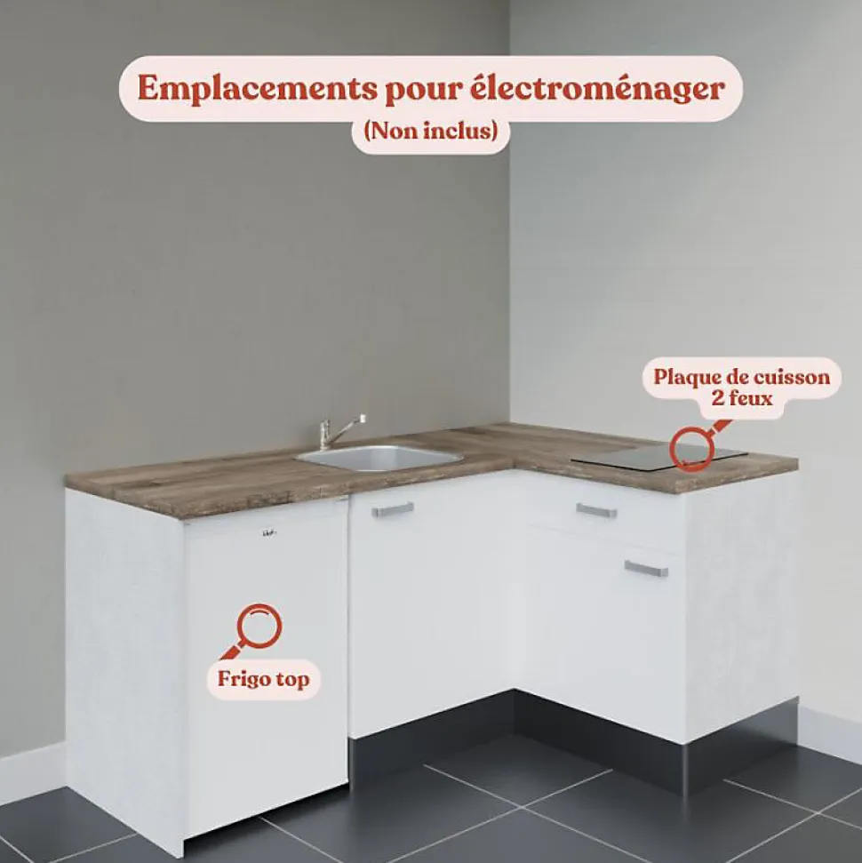 Kitchenette KA01 - 128 cm - Façades : Blanc - Plan de travail : Bois - Crédences : Non - Evier