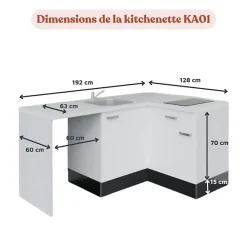 Kitchenette KA01 façades Blanc - Plan de travail Bois - Crédences : Non - Evier inox - Electroménager Inox inclus