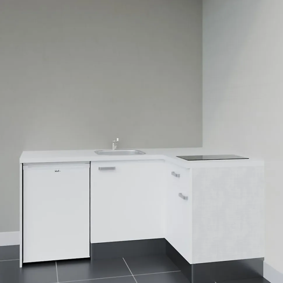 Kitchenette KA01 façades Blanc - Plan de travail Blanc - Crédences : Non - Evier inox - Electroménager Blanc inclus