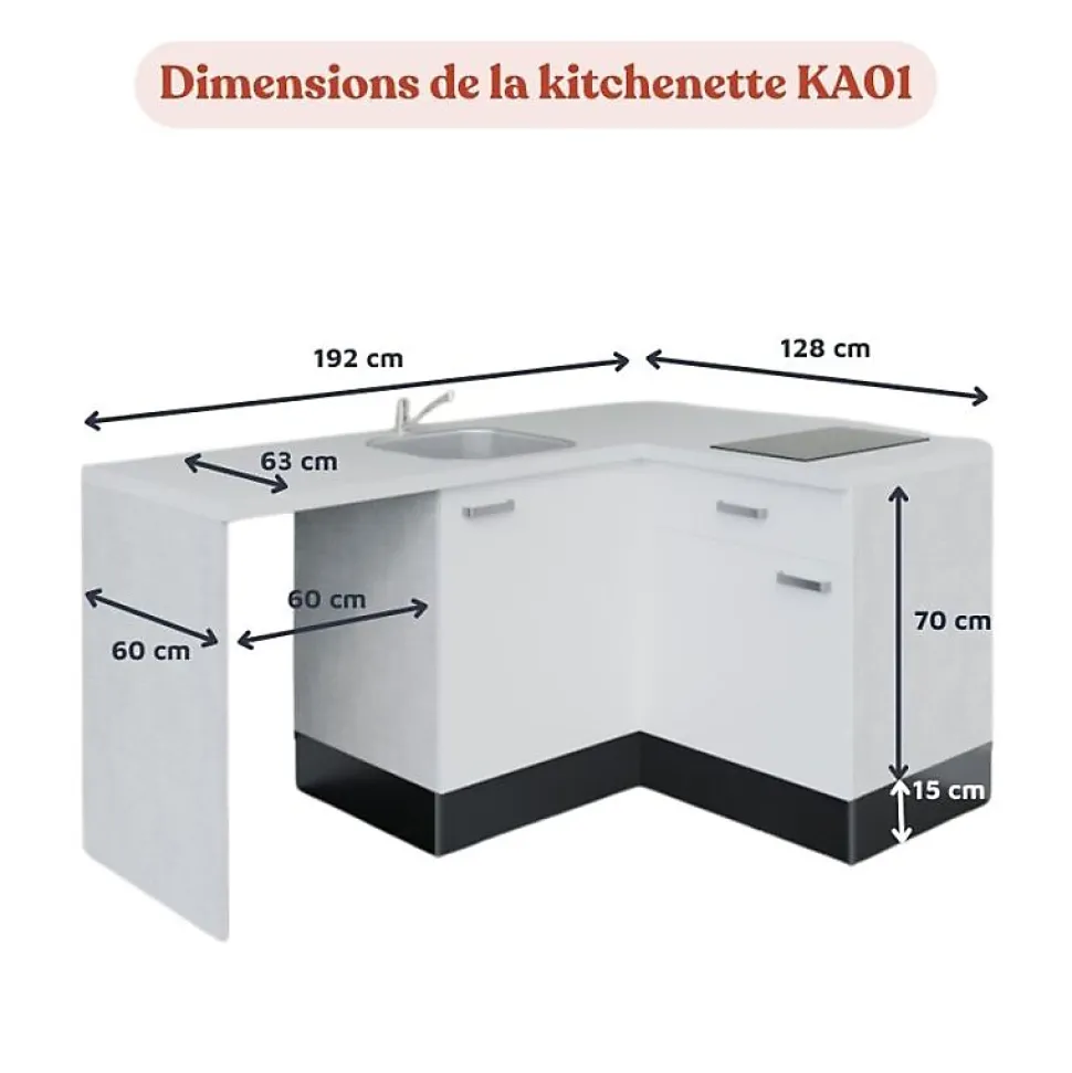 Kitchenette KA01 façades Blanc - Plan de travail Blanc - Crédences : Non - Evier inox - Electroménager Blanc inclus