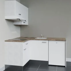 Kitchenette KA02 façades Blanc - Plan de travail Bois - Crédences : Non - Evier inox - Electroménager Blanc inclus