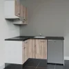 Kitchenette KA02 façades Bois - Plan de travail Noir texturé - Crédences : Non - Evier inox - Electroménager Inox inclus
