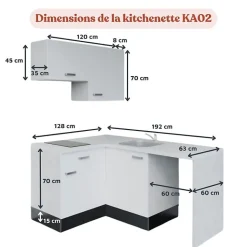 Kitchenette KA02 façades Bois - Plan de travail Noir texturé - Crédences : Non - Evier inox - Electroménager Inox inclus