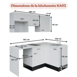 Kitchenette KA03 façades Gris - Plan de travail Noir texturé - Crédences : Oui - Evier inox - Electroménager Blanc inclus