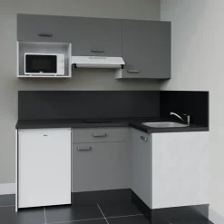 Kitchenette KA03 façades Gris - Plan de travail Noir texturé - Crédences : Oui - Evier inox - Electroménager Blanc inclus