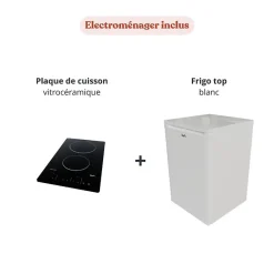 Kitchenette KA01 façades Noir - Plan de travail Gris béton - Crédences : Non - Evier inox - Electroménager Blanc inclus