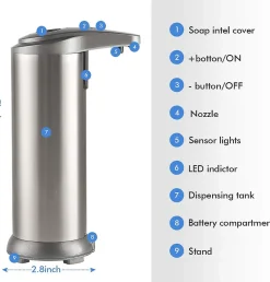 KLEENMAC Distributeur de savon automatique en acier inoxydable avec base étanche et détecteur de mouvement infrarouge