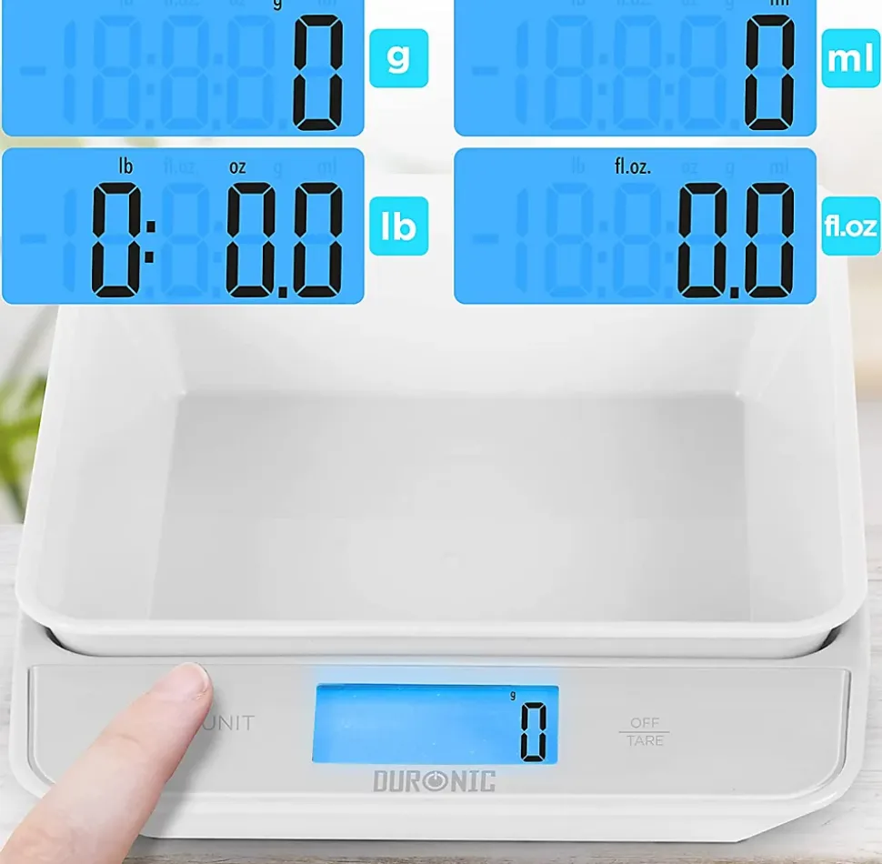 KS100 WH Balance de cuisine Capacité 5 kg Affichage numérique Ajout de poids Précision 1 g Bol 1,2L 4 capteurs précis Duronic