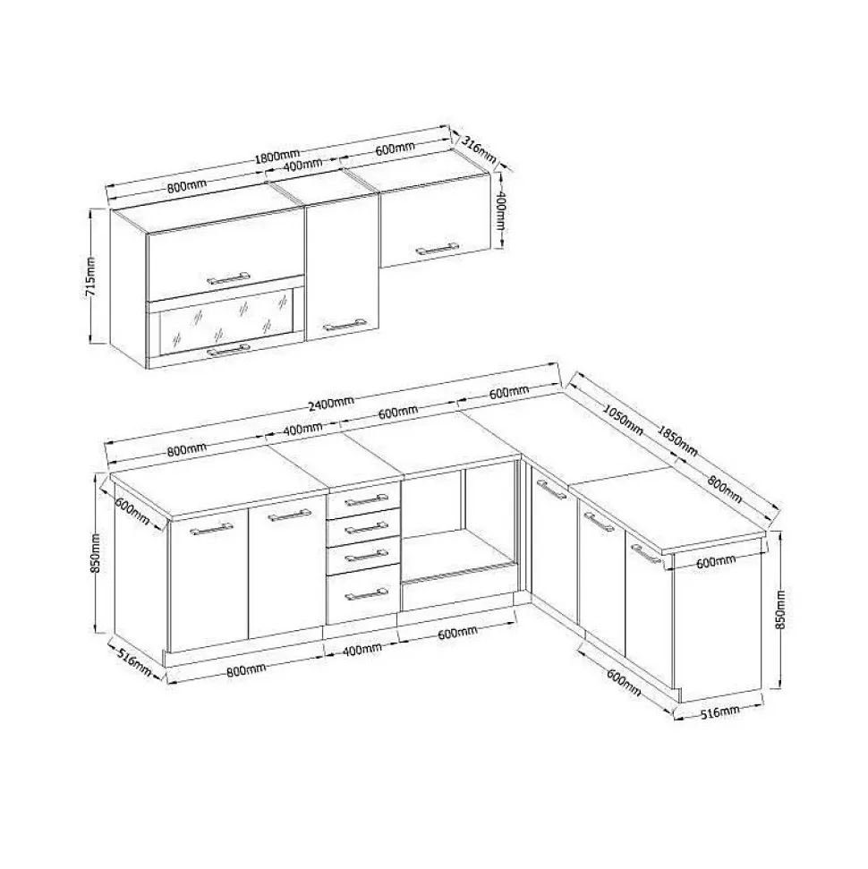 LASSEN Cuisine complete dangle 240x165 cm avec plan de travail - Decor chene sonoma