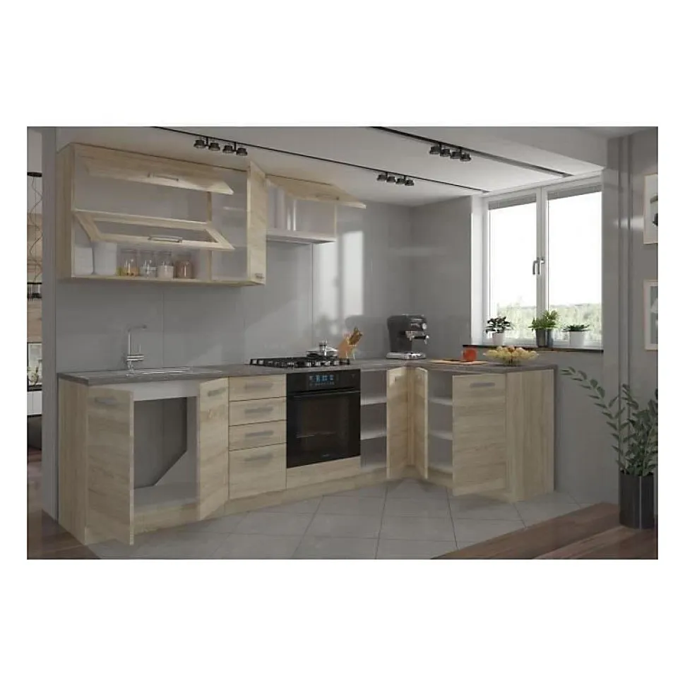 LASSEN Cuisine complete dangle 240x165 cm avec plan de travail - Decor chene sonoma